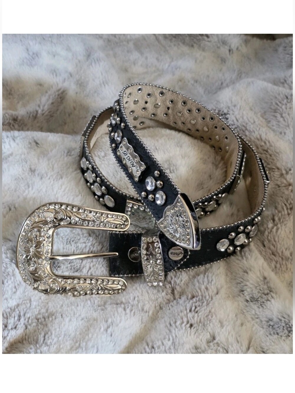 BHW Women's Black Leather Western Belt Crystals and Bling Accents Size M
